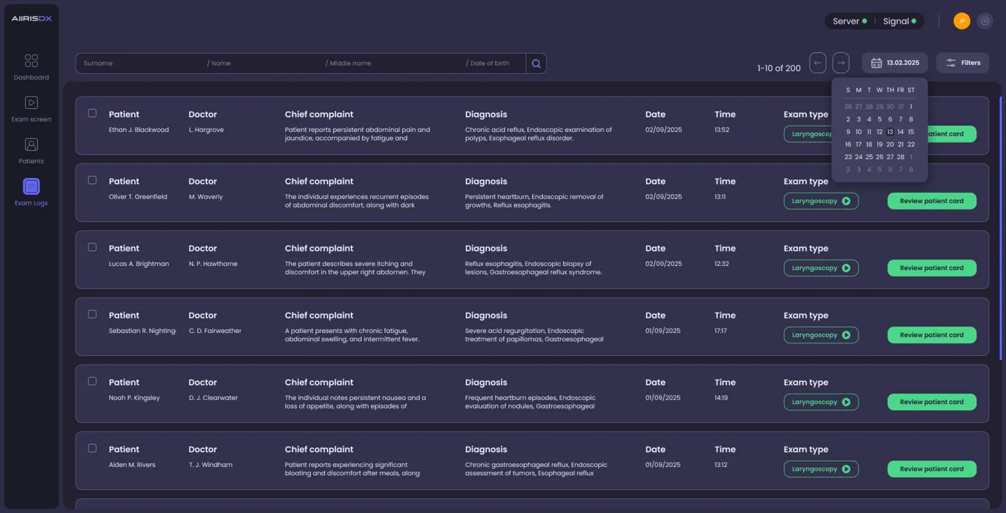 AiirisDX examination log interface with filters and grouped metadata.