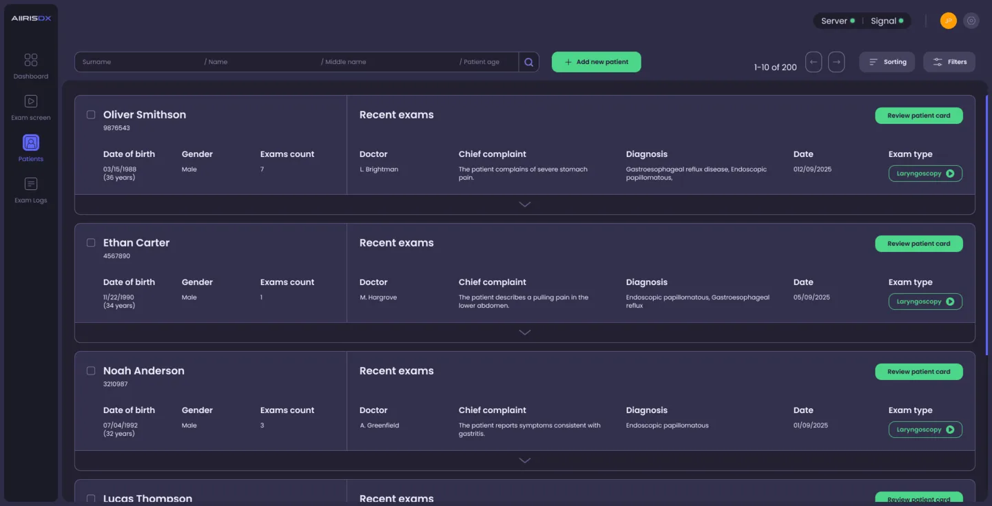 AiirisDX patient list and patient history interface.