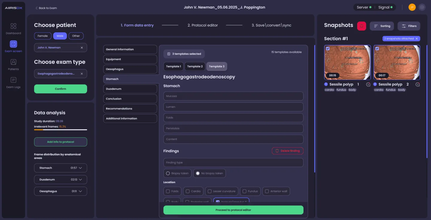 AiirisDX structured clinical report generator interface.