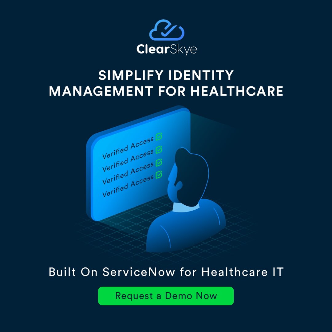 Social ad: Simplify Identity Management for Healthcare, an isometric product-moment built for the ServiceNow audience.