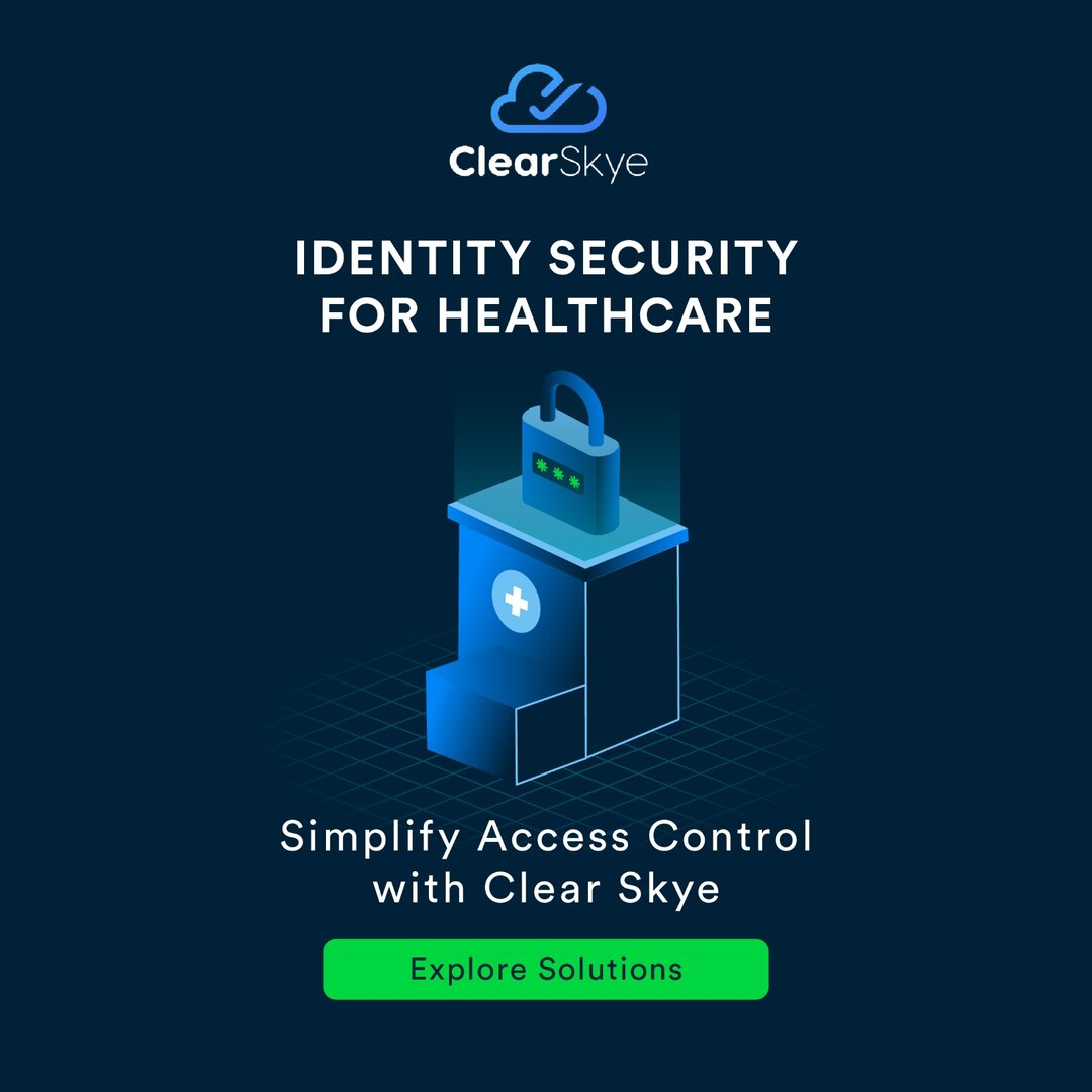 Social ad: Identity Security for Healthcare, a padlock-and-facility moment that speaks directly to regulated-industry buyers.