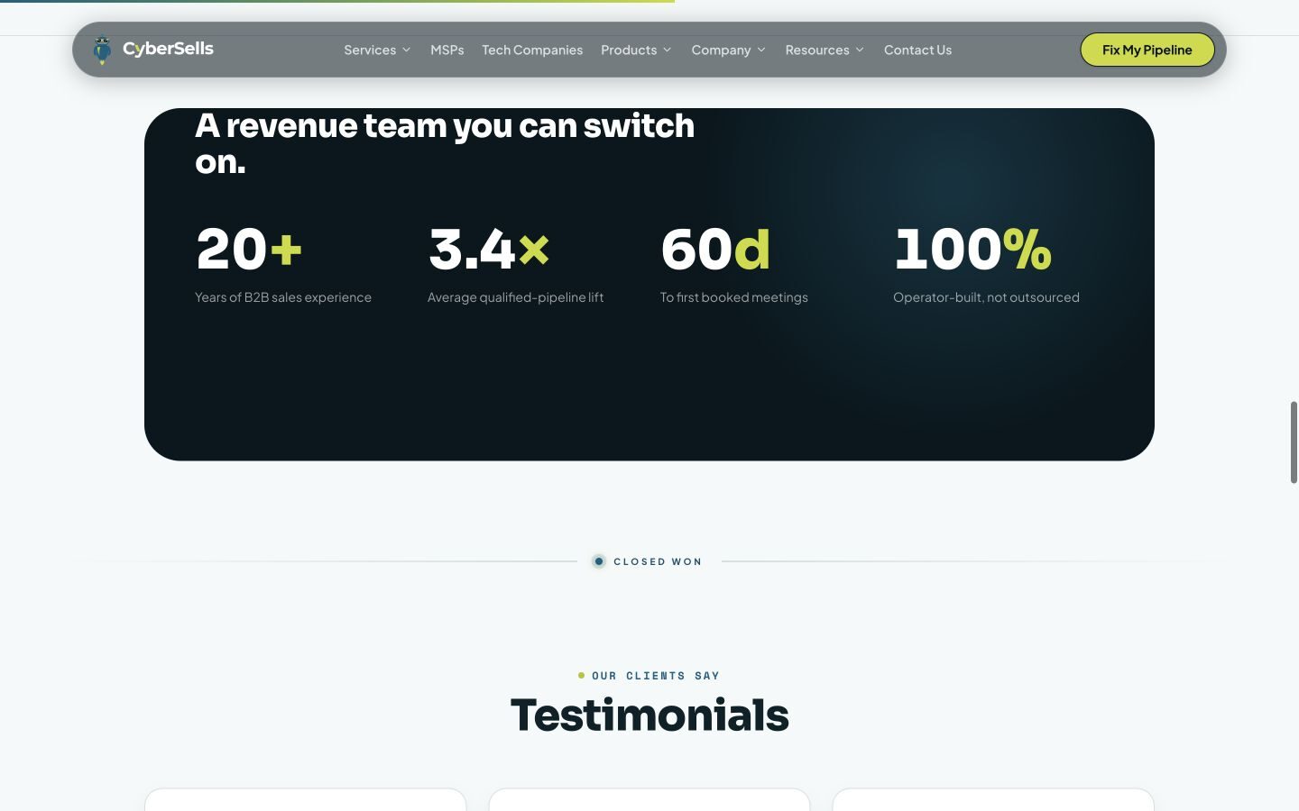 Proof section: a revenue team you can switch on, with the numbers behind the operating model.