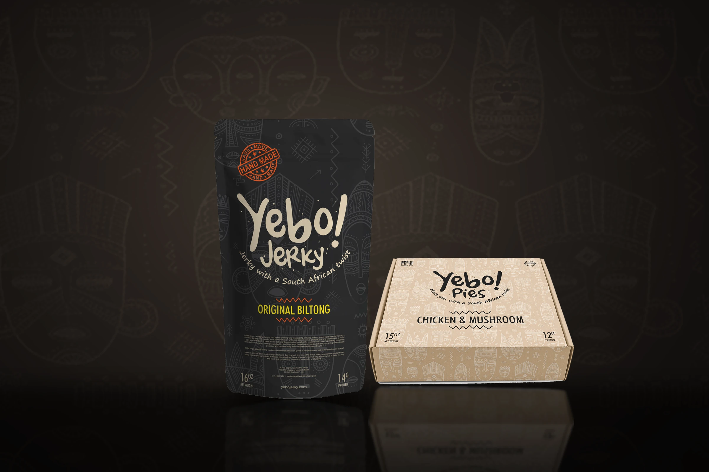 Yebo Goods jerky and pies packaging arranged against a South African ceremonial-mask pattern