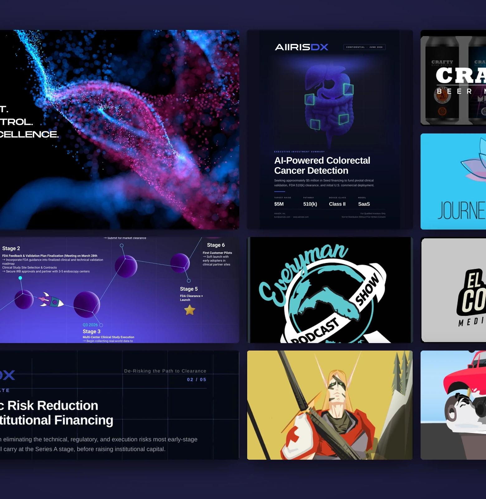 Graphic design collage showing pitch decks, campaign creative, packaging, illustrations, and visual systems