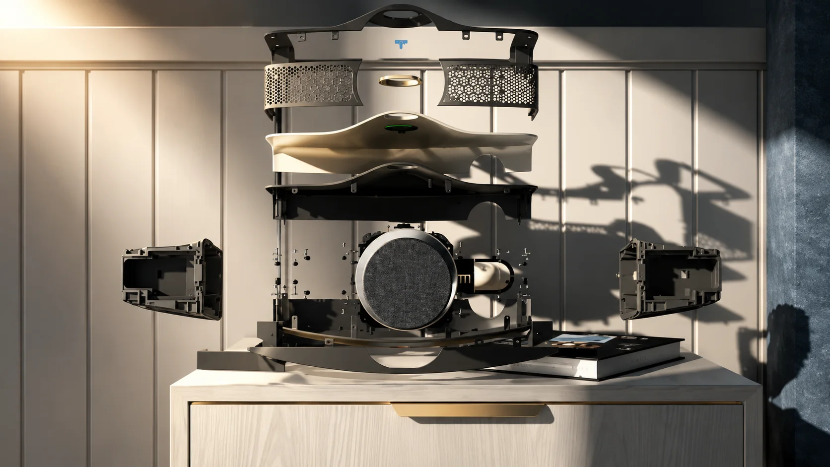 Front cutaway — the speaker's architecture made visible without sacrificing the clarity of the product silhouette.