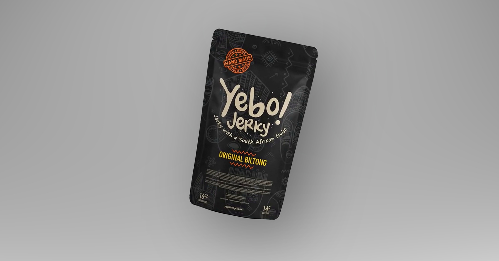 Yebo! Goods jerky pouch floating in a 3D product animation against a soft grey background.