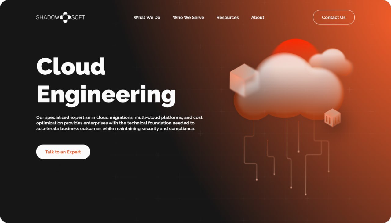 Cloud Engineering hero: a soft-lit cloud wired into circuitry bridges abstract and concrete.