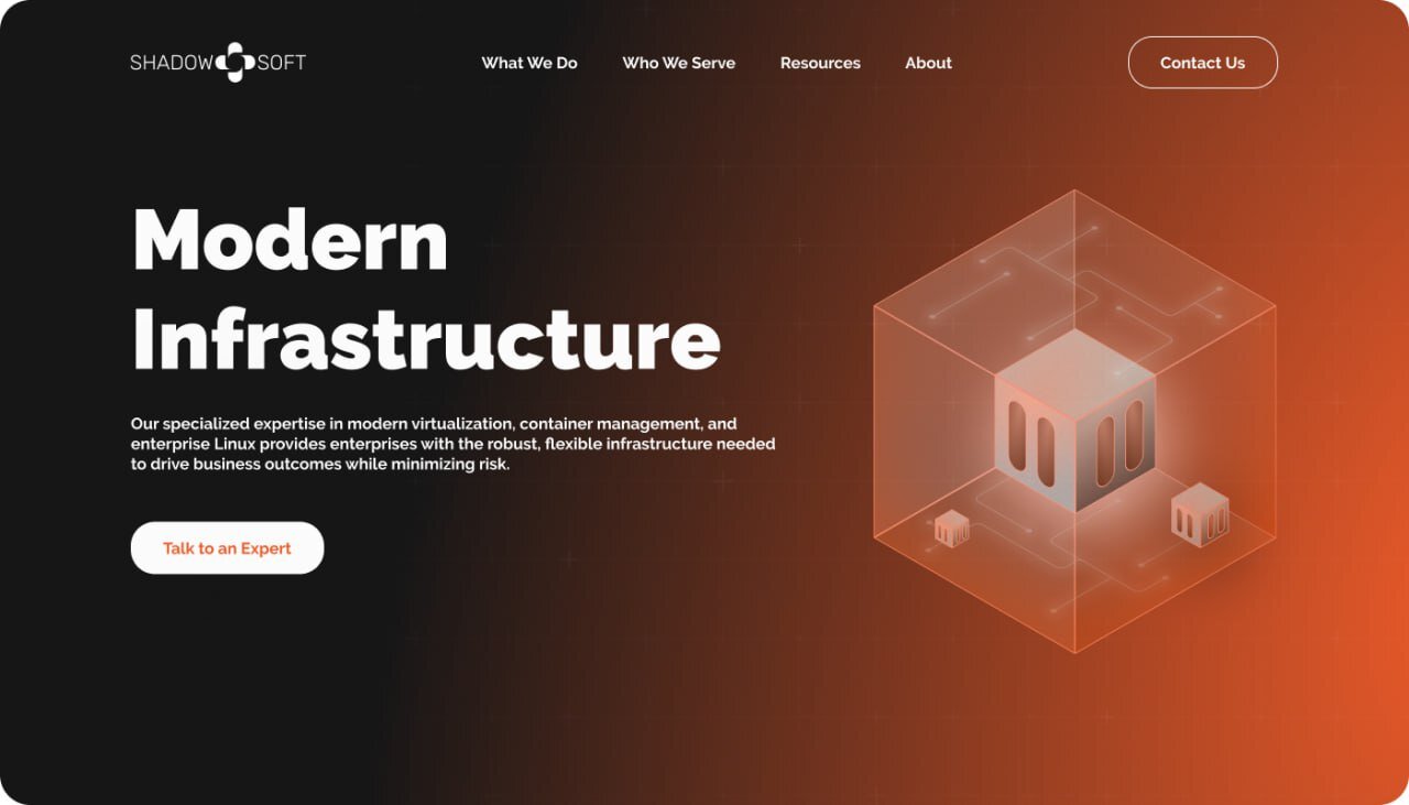 Modern Infrastructure hero: virtualization, containers, and enterprise Linux given a cinematic product-shot treatment.