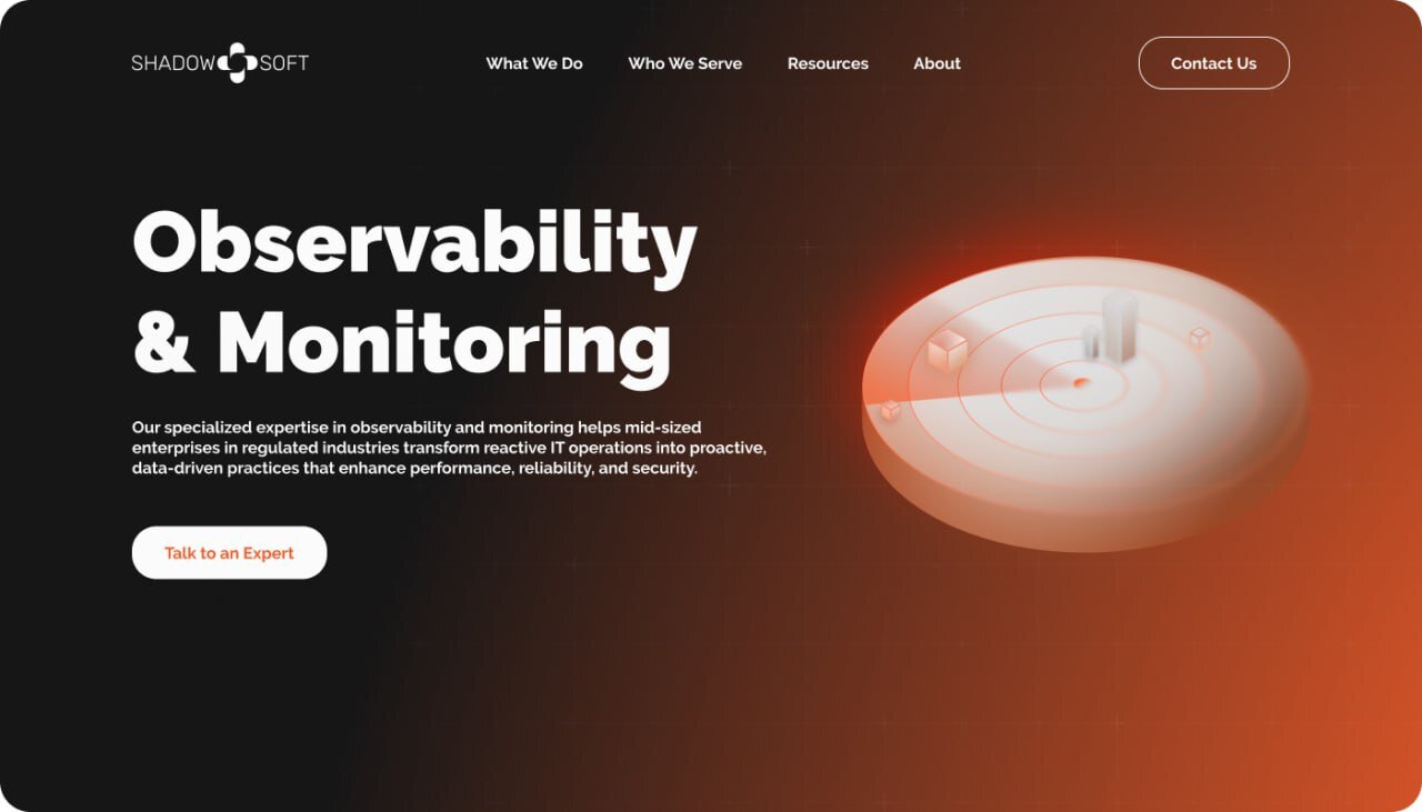 Observability and Monitoring hero: a radar-disc metaphor that makes proactive data-driven IT ops feel intuitive.