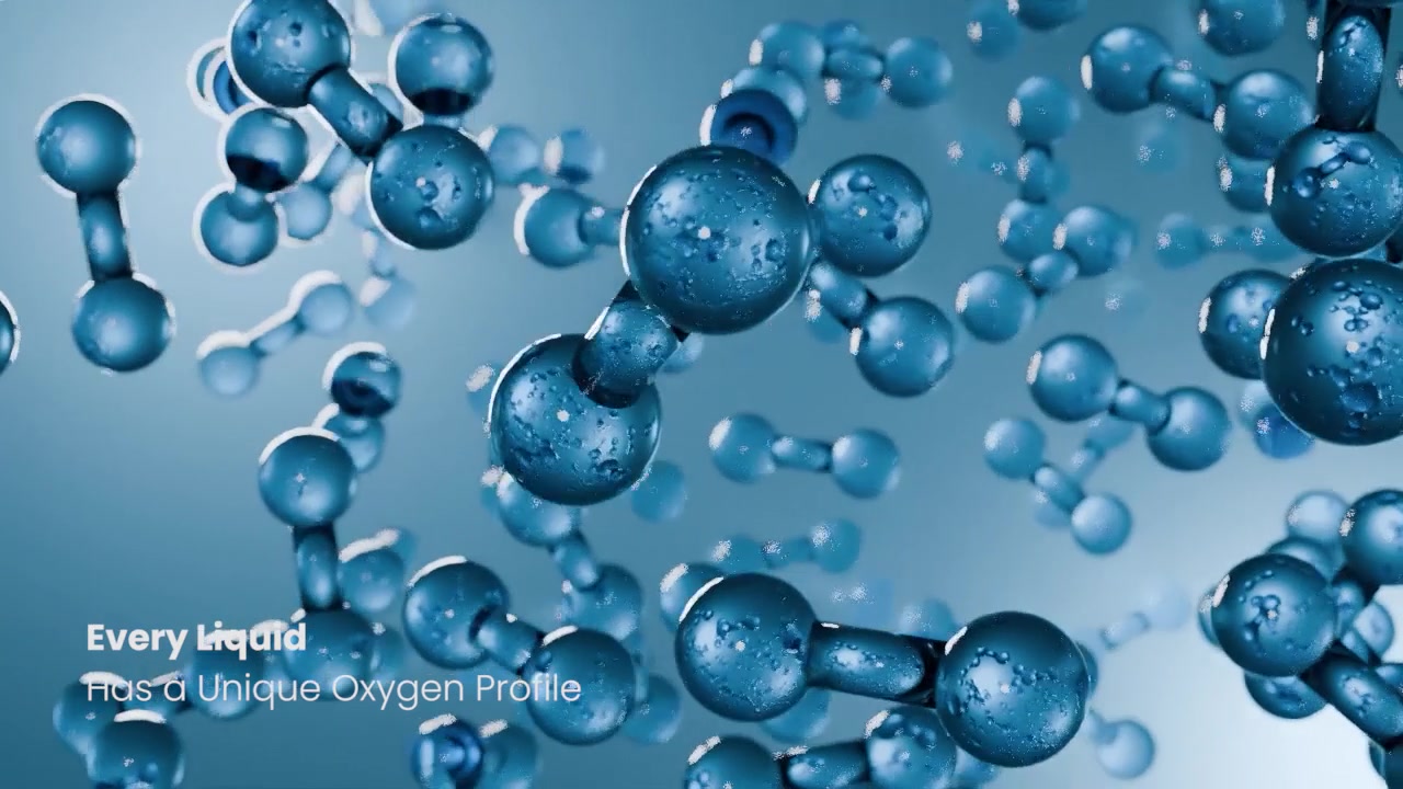 Close 3D visualization of molecule clusters with the line Every Liquid Has a Unique Oxygen Profile.