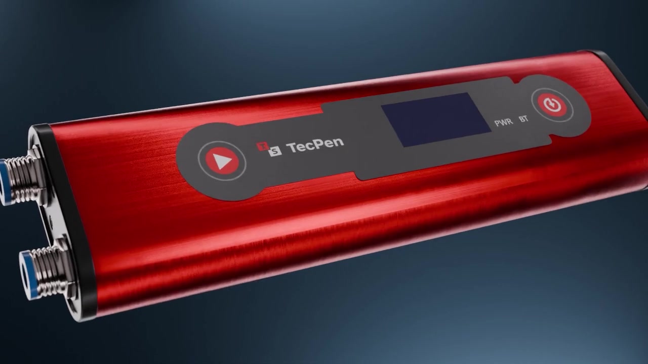 Close pass over the red brushed-metal TecPen Fluid housing with its control panel and connectors.