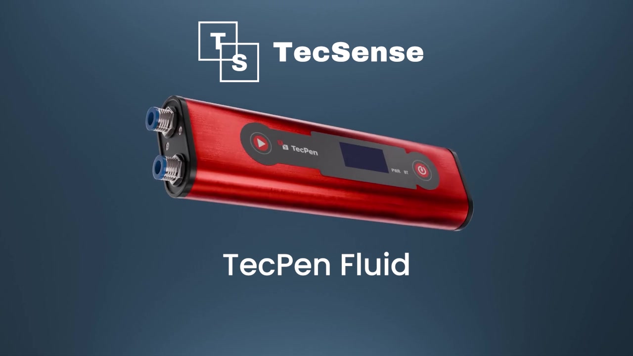Closing frame with the TecSense logo and the TecPen Fluid product name beside the instrument.