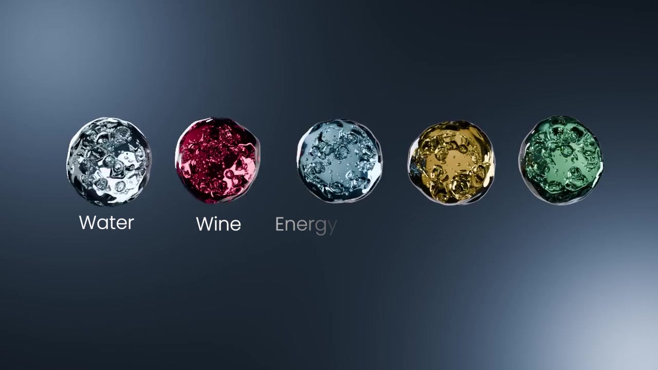 Five rendered liquid spheres labelled Water, Wine, and Energy on a steel-blue field.