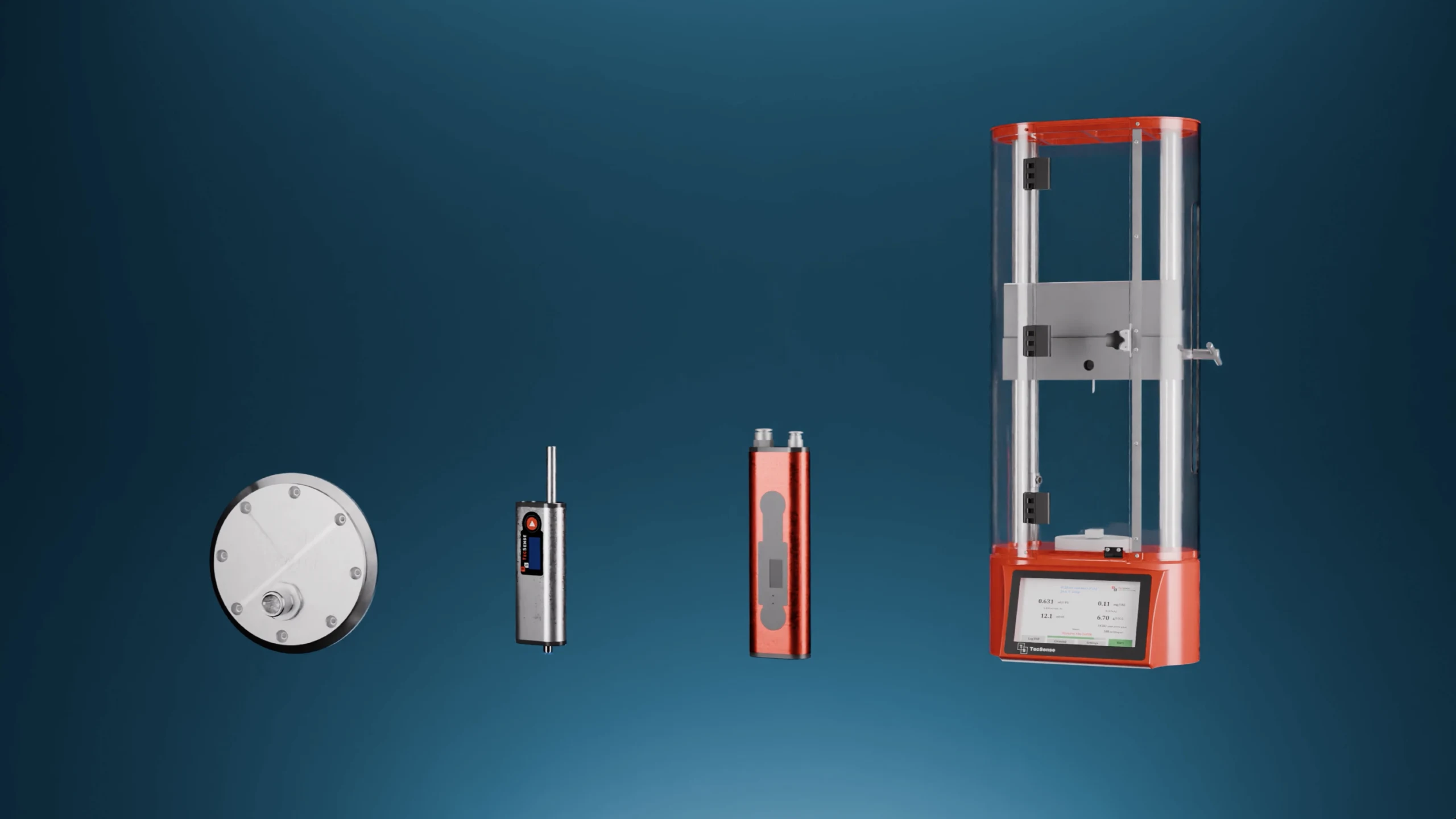 TecSense product line-up in 3D, with silver and red instruments against a teal background.