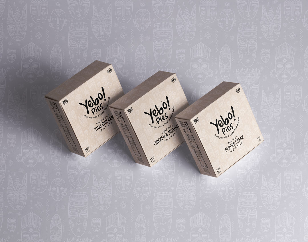 The Yebo! Pies range across flavors, one packaging system holding the whole line together.