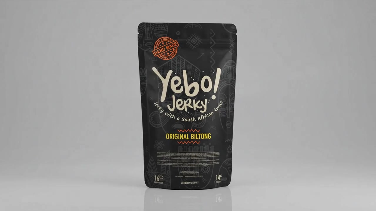 3D animation of Yebo! Goods jerky packaging and product presentation.